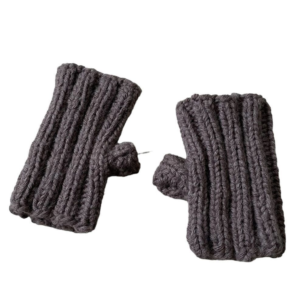 Hand Knit Handmade Wool Chinky Knit Fingerless Gloves Mittens Brown One Size